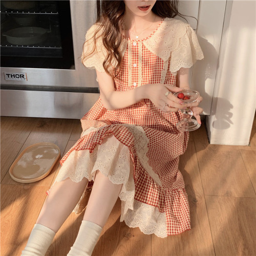 Real shooting, real price, Korean version, summer customized heavy industry lace, sweet lace, Princess plaid, pajama and nightdress