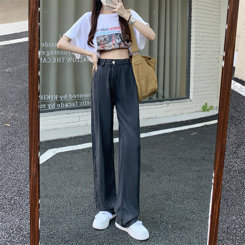 Real photos of Tencel jeans women summer thin new slim straight tube high waist ice silk floor wide leg pants women