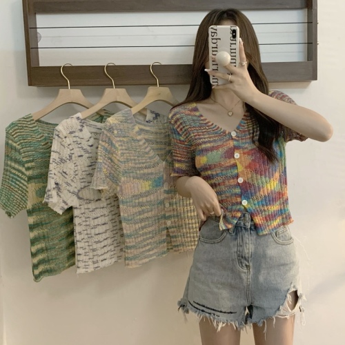 Real price Rainbow Stripe knitted cardigan short sleeve short T-shirt women ins summer Knitted Top Women
