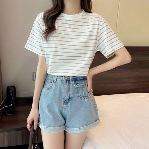 Real shot 100% cotton summer stripe loose short sleeve T-shirt women's casual top