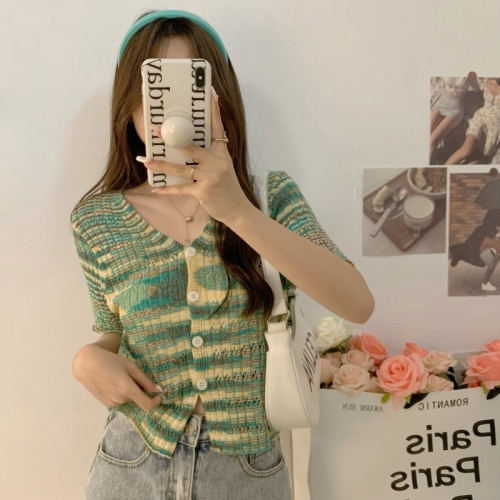 Real price Rainbow Stripe knitted cardigan short sleeve short T-shirt women ins summer Knitted Top Women