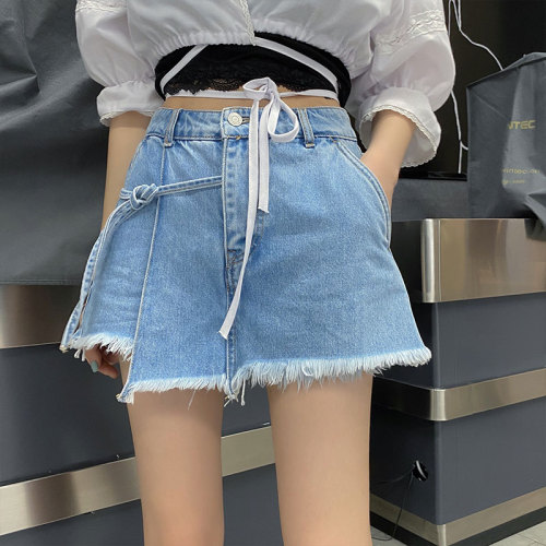 Real shooting of summer high waist thin denim shorts women's Korean chic versatile design lace up skirt
