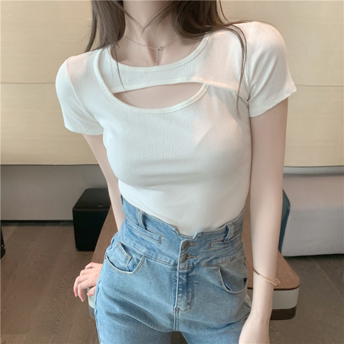 Viscose fiber 5 spandex careful machine top design sense of minority slim short sleeve T-shirt women