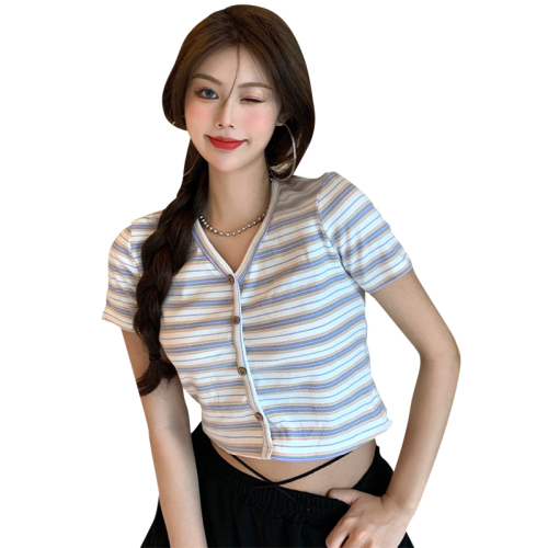 Official figure Imitation cotton rib pull frame Spice Girl stripe T-shirt women's summer V-neck short high waist slim fit