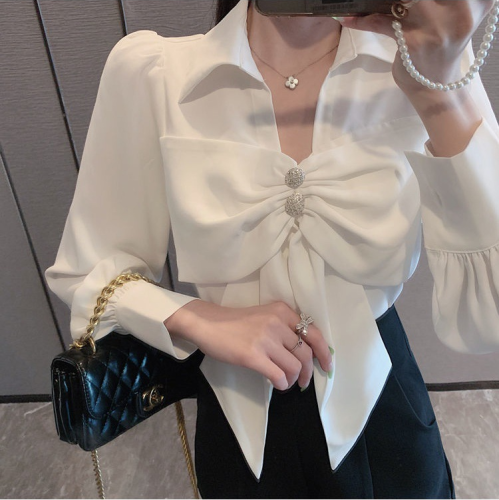 Bowknot shirt female long sleeve summer sunscreen Korean fashion French shirt V-neck Pullover chic top
