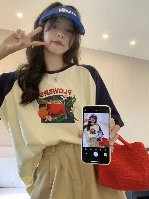 Real price Korean color blocking raglan sleeve T-shirt women's Retro minority print versatile short sleeve top fashion