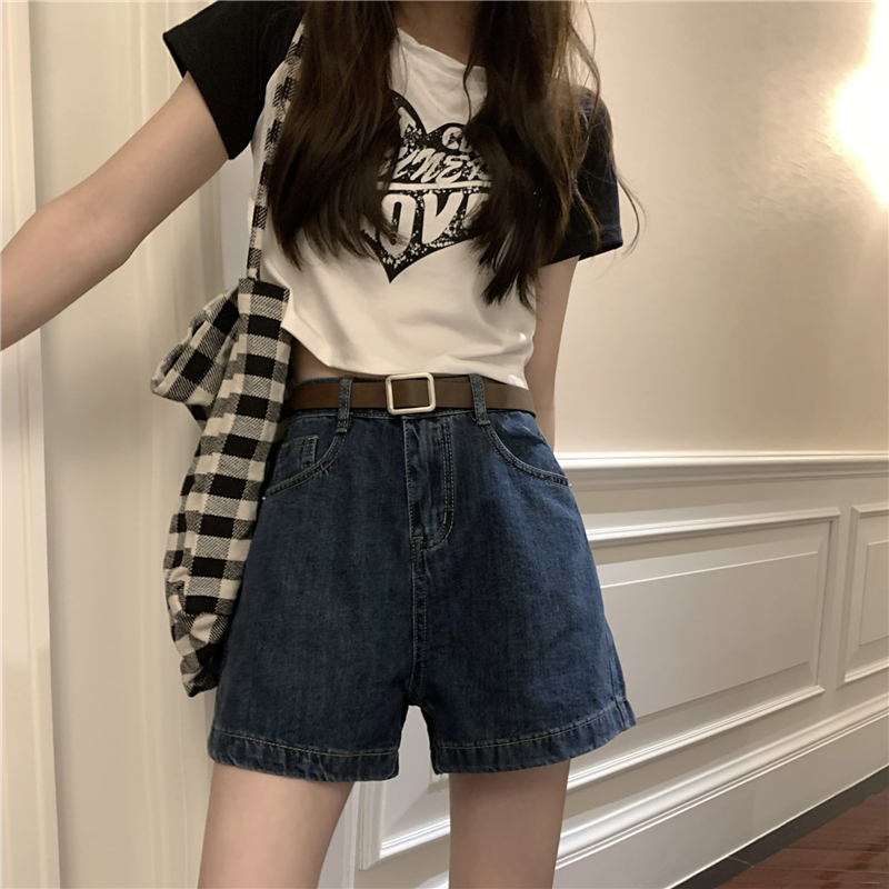 Real shot real price Korean version versatile loose Retro Blue student a-word slim high waist Cowboy SHORTS women's fashion
