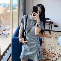 Summer fashion design sense of minority polo collar drawcord button irregular fold dress women