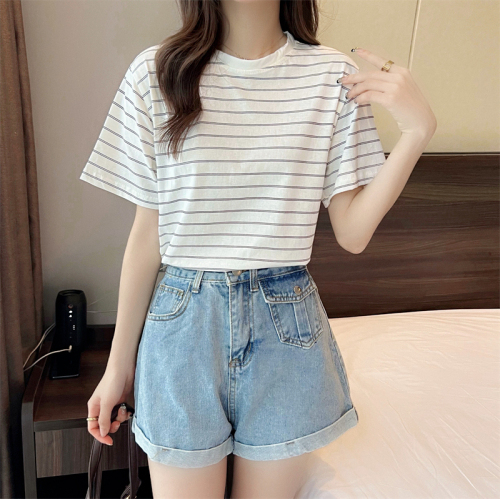 Real shot 100% cotton summer stripe loose short sleeve T-shirt women's casual top