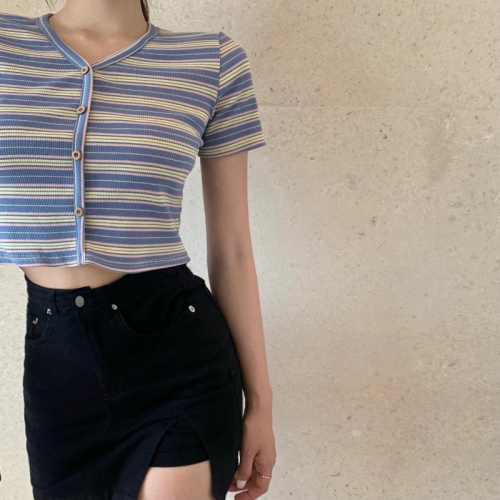 Official figure Imitation cotton rib pull frame Spice Girl stripe T-shirt women's summer V-neck short high waist slim fit
