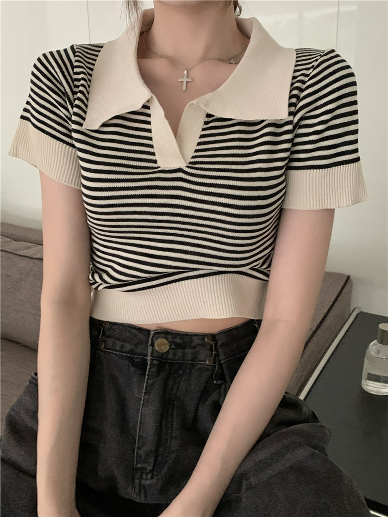Real shooting real price summer polo collar V-neck temperament short stripe versatile Knitted Top Women