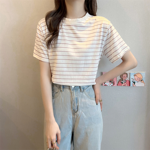 Real shot 100% cotton summer stripe loose short sleeve T-shirt women's casual top