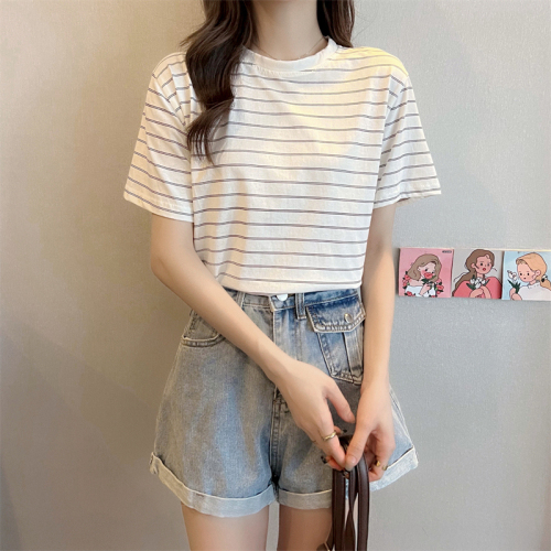 Real shot 100% cotton summer stripe loose short sleeve T-shirt women's casual top