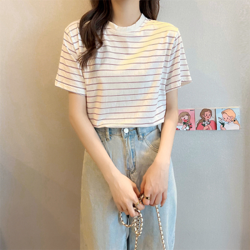 Real shot 100% cotton summer stripe loose short sleeve T-shirt women's casual top