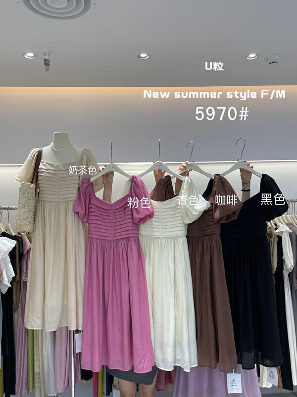 [u-grain] French square neck with thin crimping medium length dress 5970\hbx