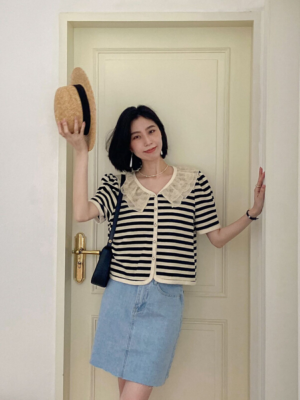 [secondtime] Korean striped baby neck knitted cardigan 5250\xj