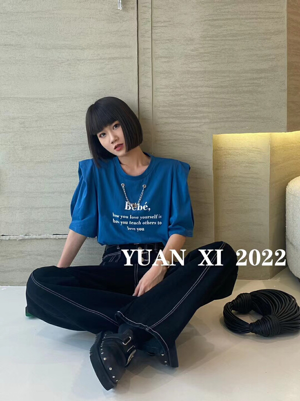 [Yuanxi] Korean letter printed short sleeve T-shirt (with chain) ys1-650\lsl
