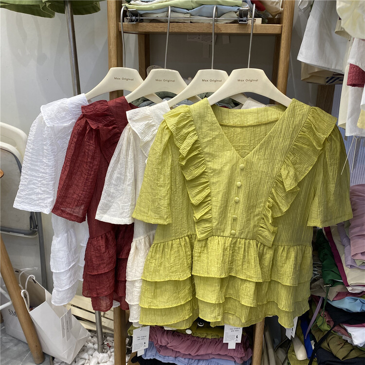 [Max original] Ruffle V-neck short sleeve shirt 98367\hbx