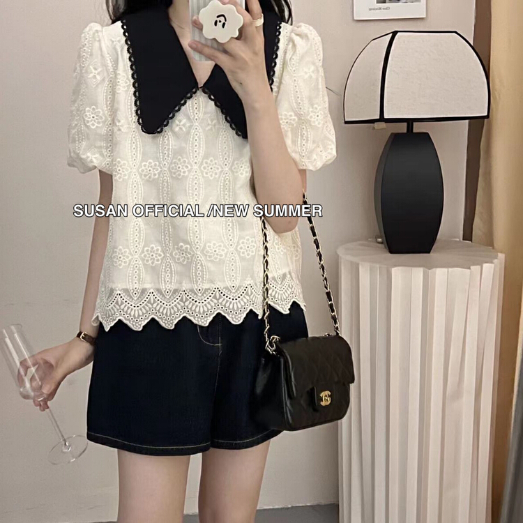 [Susan] ladies' versatile contrast collar embroidered blouse 19118\lsw