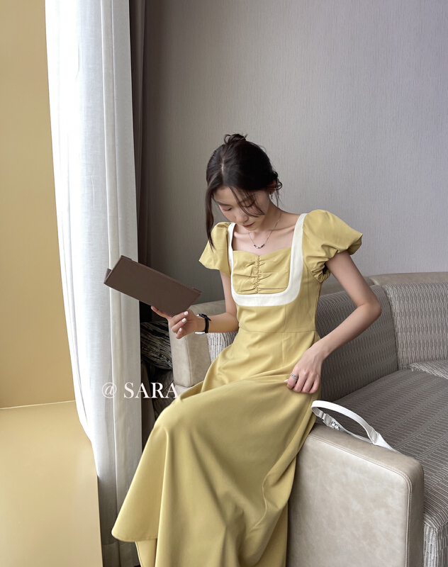 [Sara] temperament contrast color waist shrink thin dress 18012