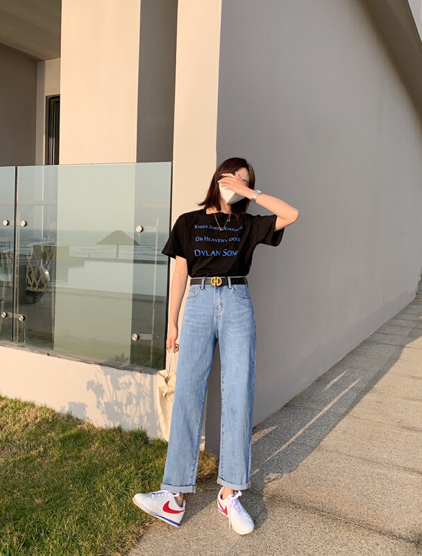 Original price: 80.08! [en Xi'er] fashion versatile high waist elastic boyfriend pants jeans (with belt) eb1632-1\l
