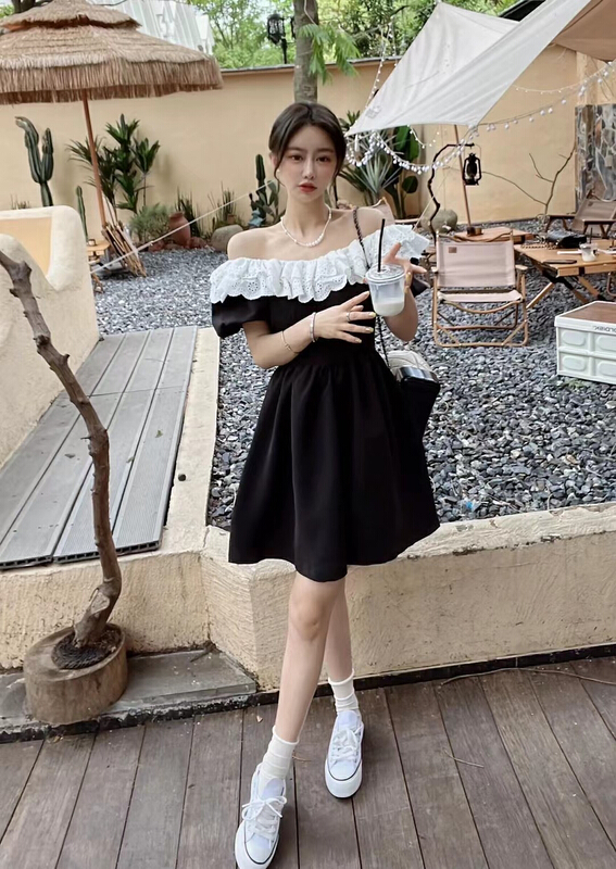 [JH] net red flounced off shoulder contrast dress (dress only) 41860\pcz