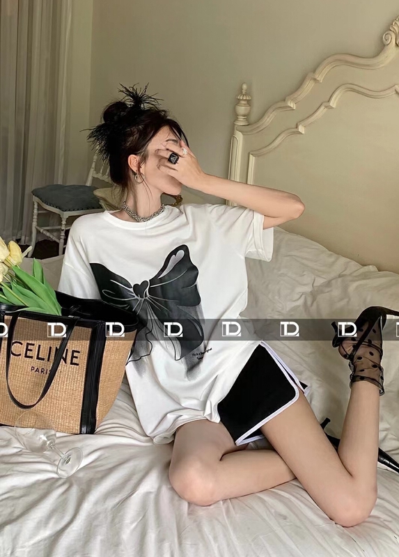 [original by tangdou] large bow print design versatile short sleeve T-shirt 9806\wtt