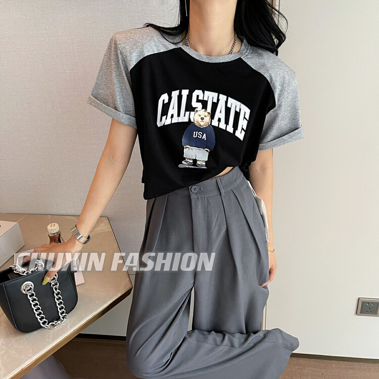 [c.x beginnings] round neck loose casual age reducing versatile bear print short sleeve T-shirt -6189\wtt