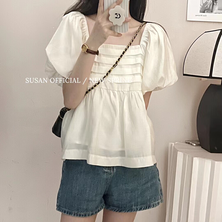 [Susan] square neck soft Korean bubble sleeve shirt 19183\lsw