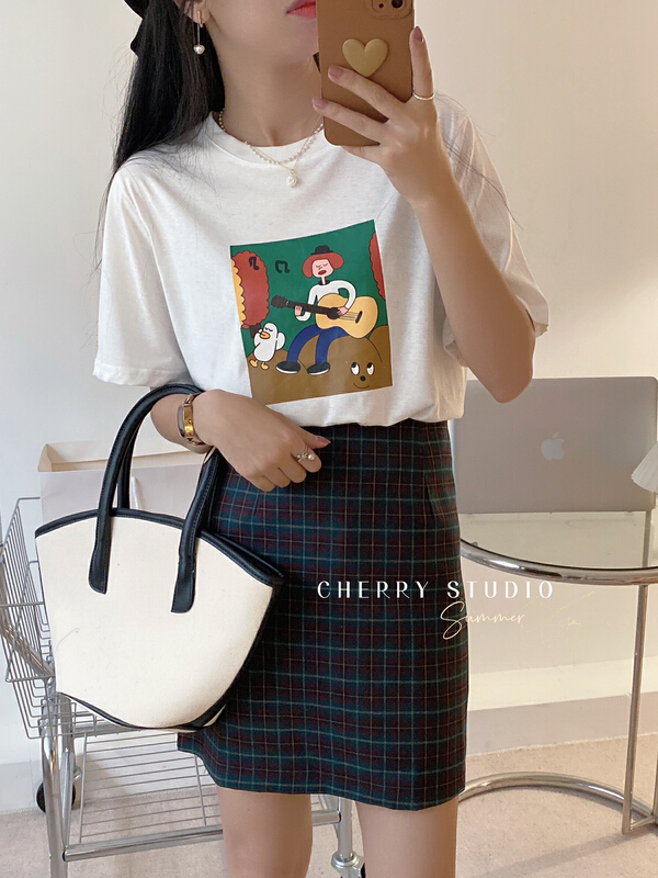[cherry studio] crew neck printed solid short sleeve T-shirt (not including matching) 5240\hbx