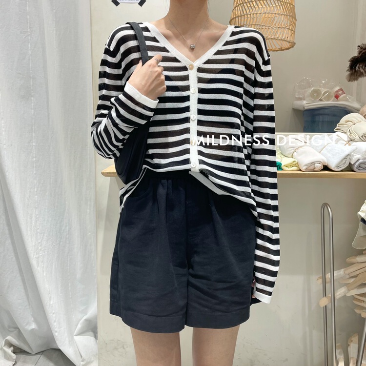 [mildness] imitation linen stripe versatile fashion knitted cardigan l137\zjy