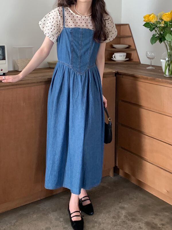 [baerman] simple temperament wave point short sleeve top + denim A-string long skirt suit 9763\hbx