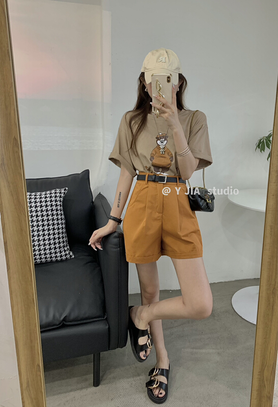 [y.jia EJA] simple cartoon short sleeve T-shirt + Korean versatile Shorts Set (with belt) ys1-3376\pcz