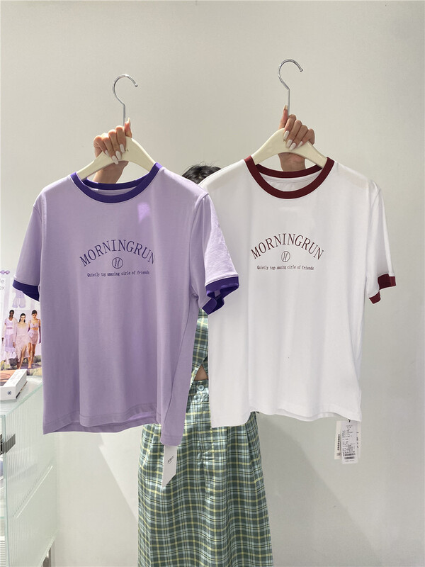 [Naomi] Korean fresh color contrast border letter printed short sleeve T-shirt 7280\lsw