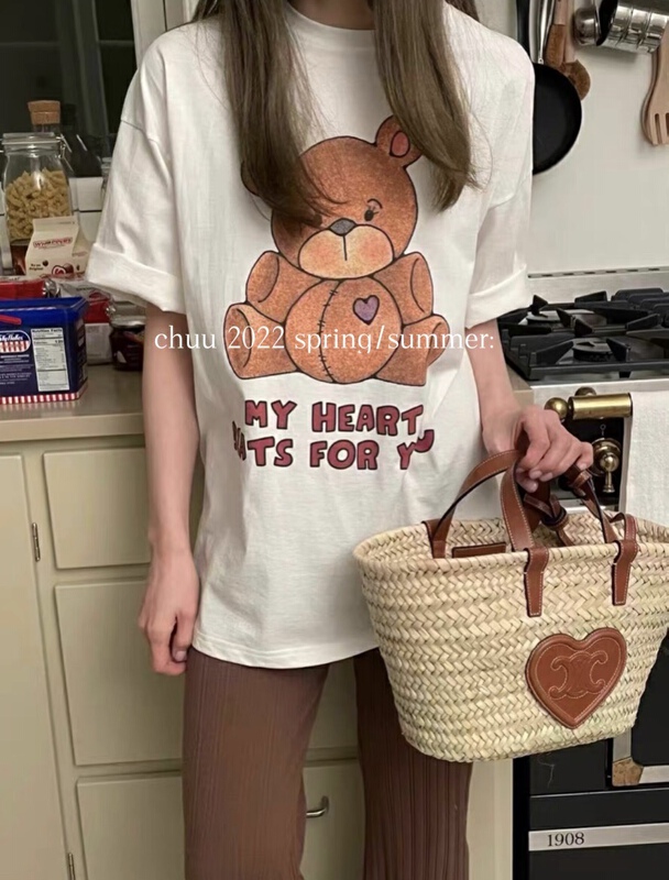 [chuu] cartoon cute bear print round neck short sleeve T-shirt 61209\hbx