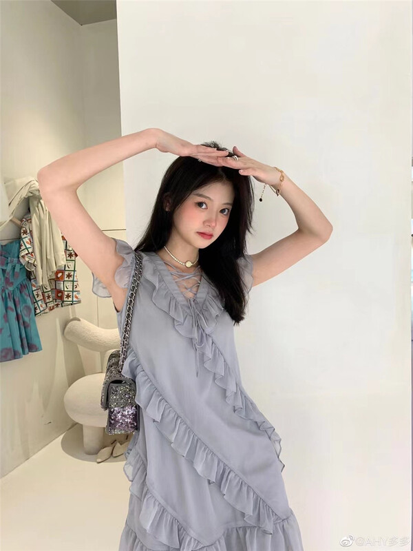 [six] French V-neck fly sleeve Tencel dress 63012\pcz