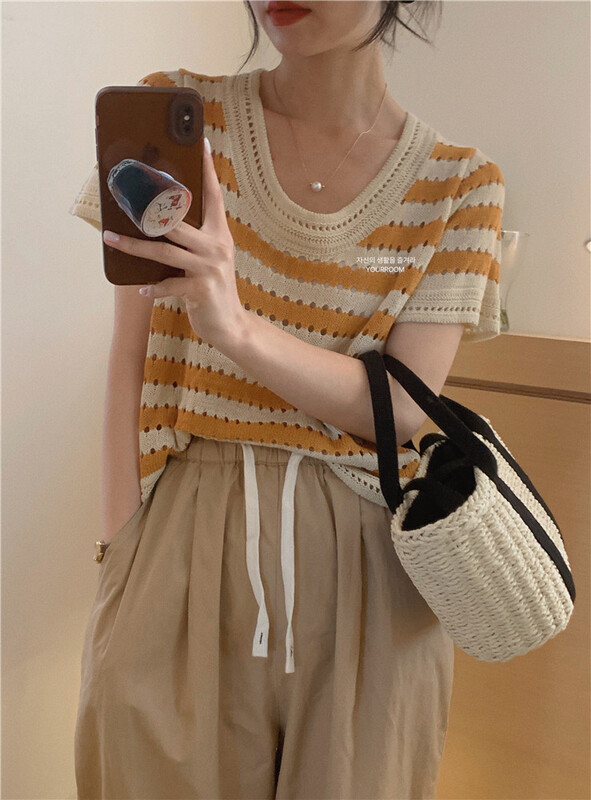 [your room] casual simple hollow stripe short sleeve T-shirt 20281-1\zxx