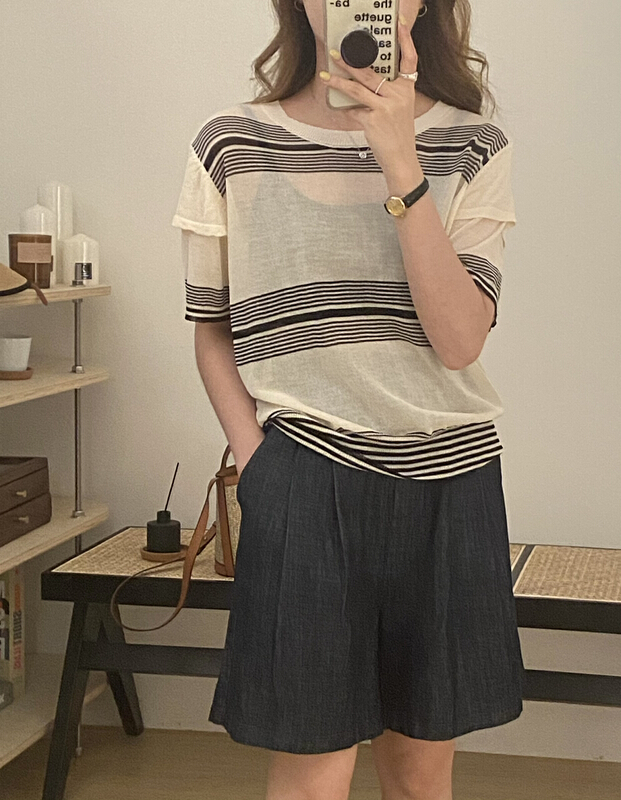 [tototellme] stripe loose round neck blouse (only selling blouses) 22038\hbx