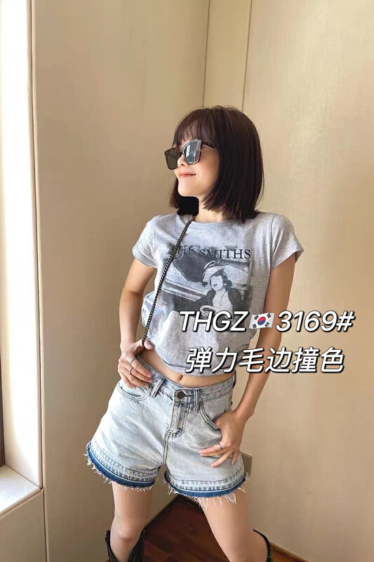 [thgz] denim shorts with elastic raw edge contrast color 3169 \ll