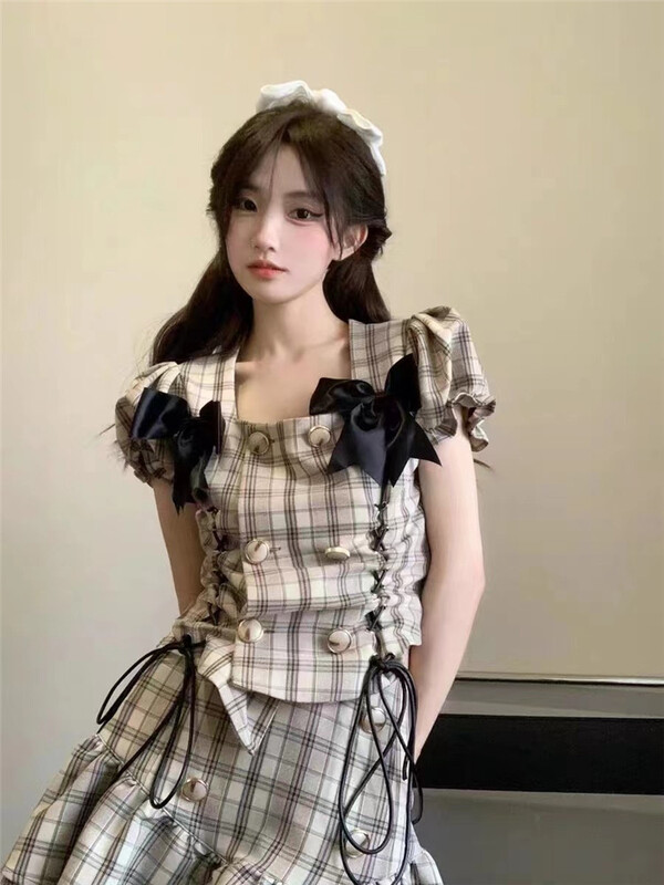 [little woman] double breasted bubble sleeve blouse + Korean fashion skirt suit (with detachable bow) 22217\pcz