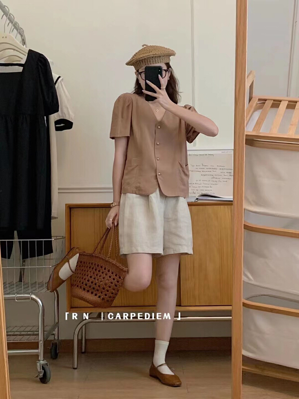 [R n] Korean textured breasted V-neck shirt 81200\ll