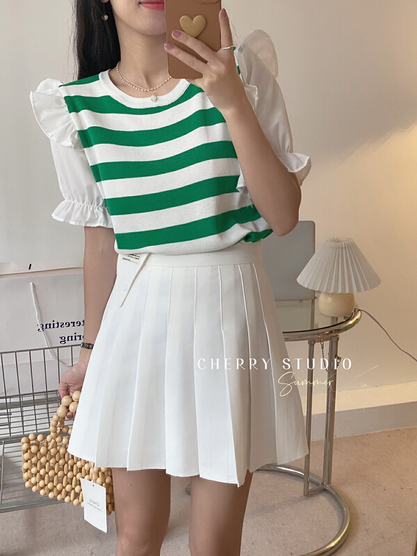 [cherrystudio] Korean version sweet mosaic wood ear edge stripe T-shirt b5242\hbx