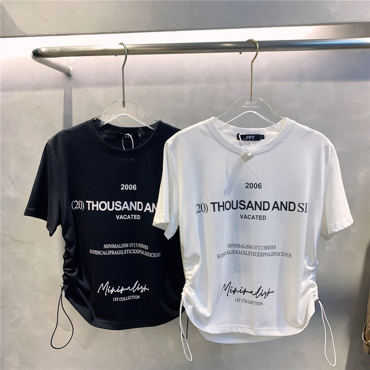 [ppt] round neck letter drawcord comfortable short sleeve T-shirt 6866\l