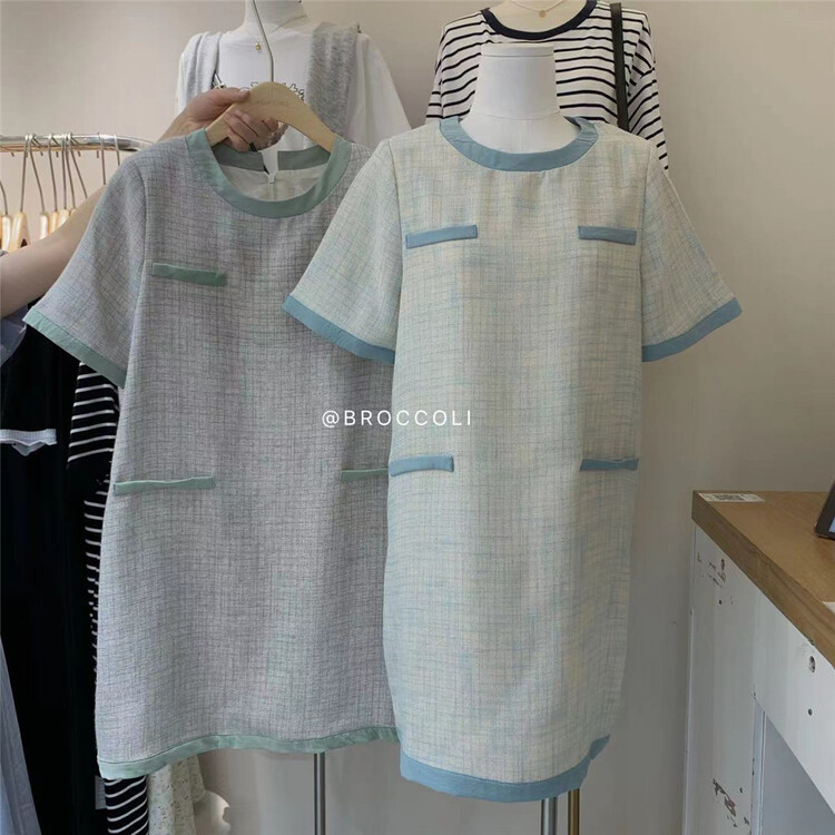 【 broccoli 】 small fragrance color contrast edge short sleeve dress t010\zjy