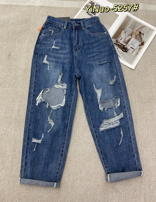 [Yinuo Yinuo denim] thin material hole breaking Harlan back elastic waist jeans 5257\zjy