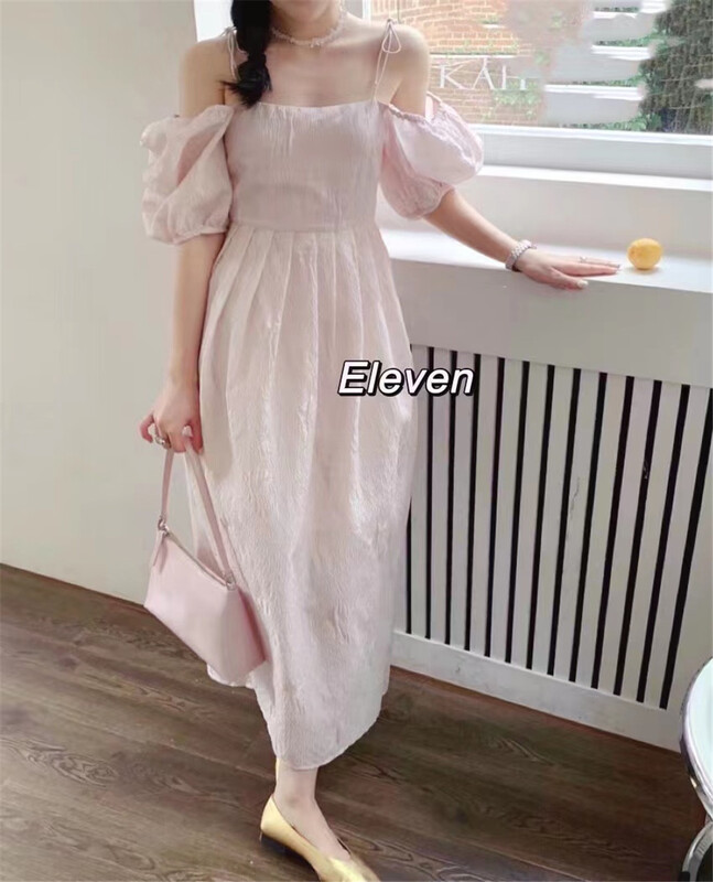 [eleven] French bubble sleeve backless mid length dress 2538\pcz