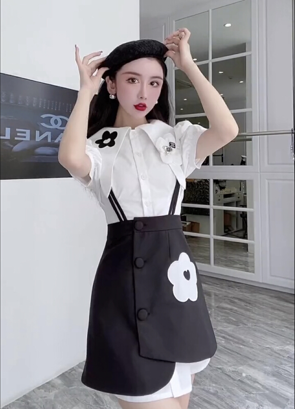 [JH] net red baby collar Lantern Sleeve Dress + slim suspender skirt set (with Brooch) (only selling sets) 41857\pcz