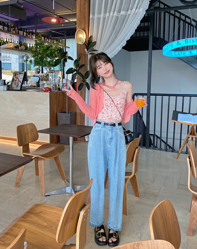 [y.jia EJA] cardigan knitted floral suspender Pants Set (with belt) 8009