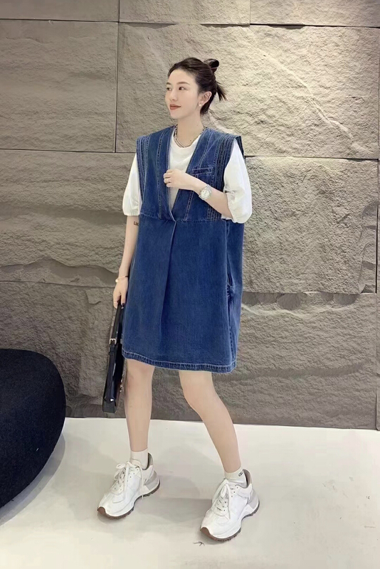 [JH] Lantern Sleeve round neck short sleeve T-shirt + denim vest dress set 41933\pcz