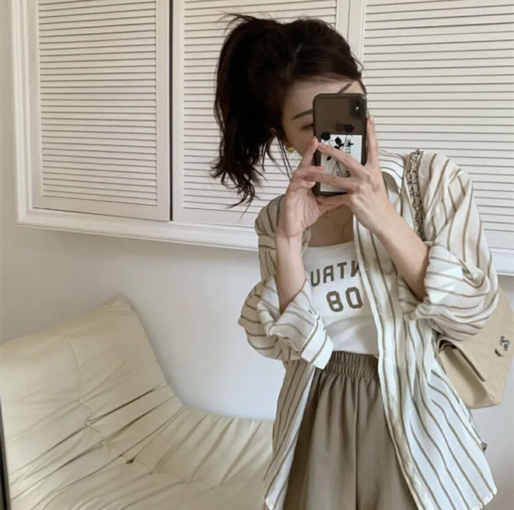[U grain] personalized striped loose shirt + short Vest + casual shorts three piece suit 6133\hbx